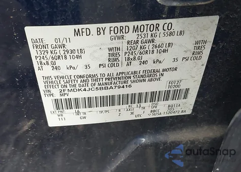 2011 Ford Edge Sel из США, поврежденный, VIN 2FMDK4JC5BBA79416